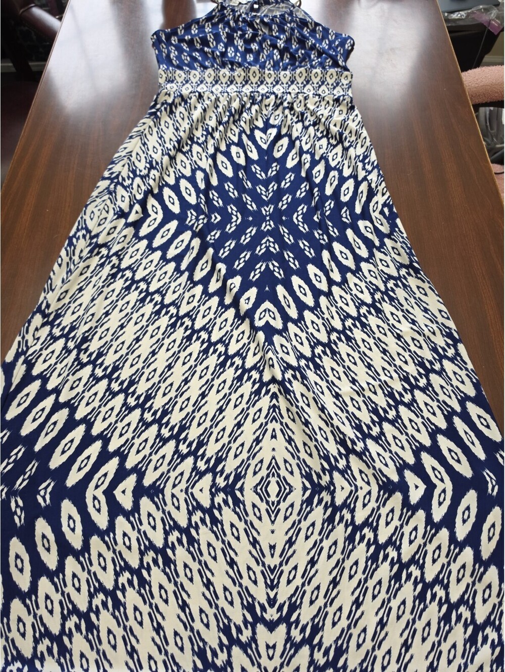 London Times Blue White Ikat Print Maxi Dress Womens Size 14 Sleeveless Boho
